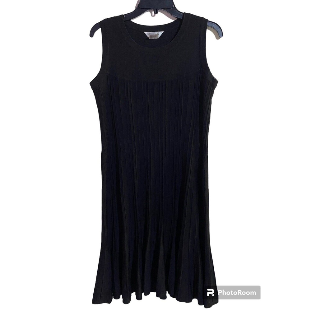 Misook Dress Small Petite Sleeveless Black Acrylic Knit Fluted Pleat Hem Sheer
